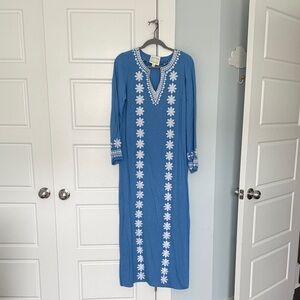 Sail to Sable Blue Embroidered Caftan Dress - Sz Small (worn once)